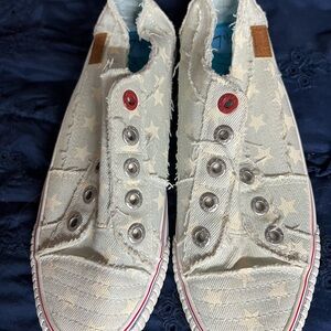 Blowfish Red and Blue Sneakers with Unique Button Design
